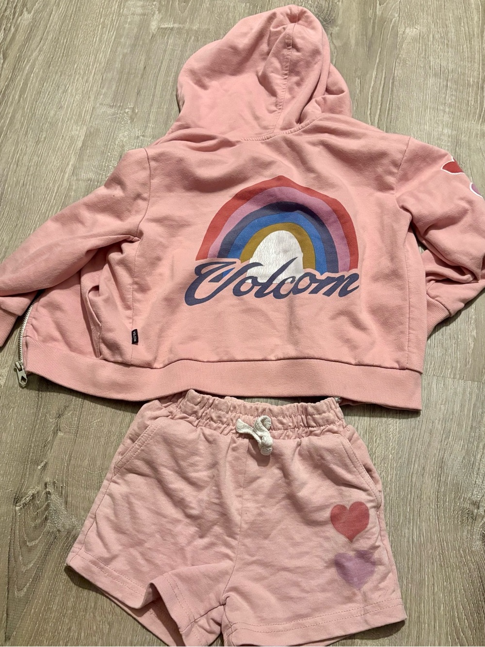 Volcom Pink Hoodie & Shorts Set with Rainbow Back Graphic